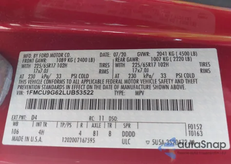 2020 Ford Escape Se из США, поврежденный, VIN 1FMCU9G62LUB53522